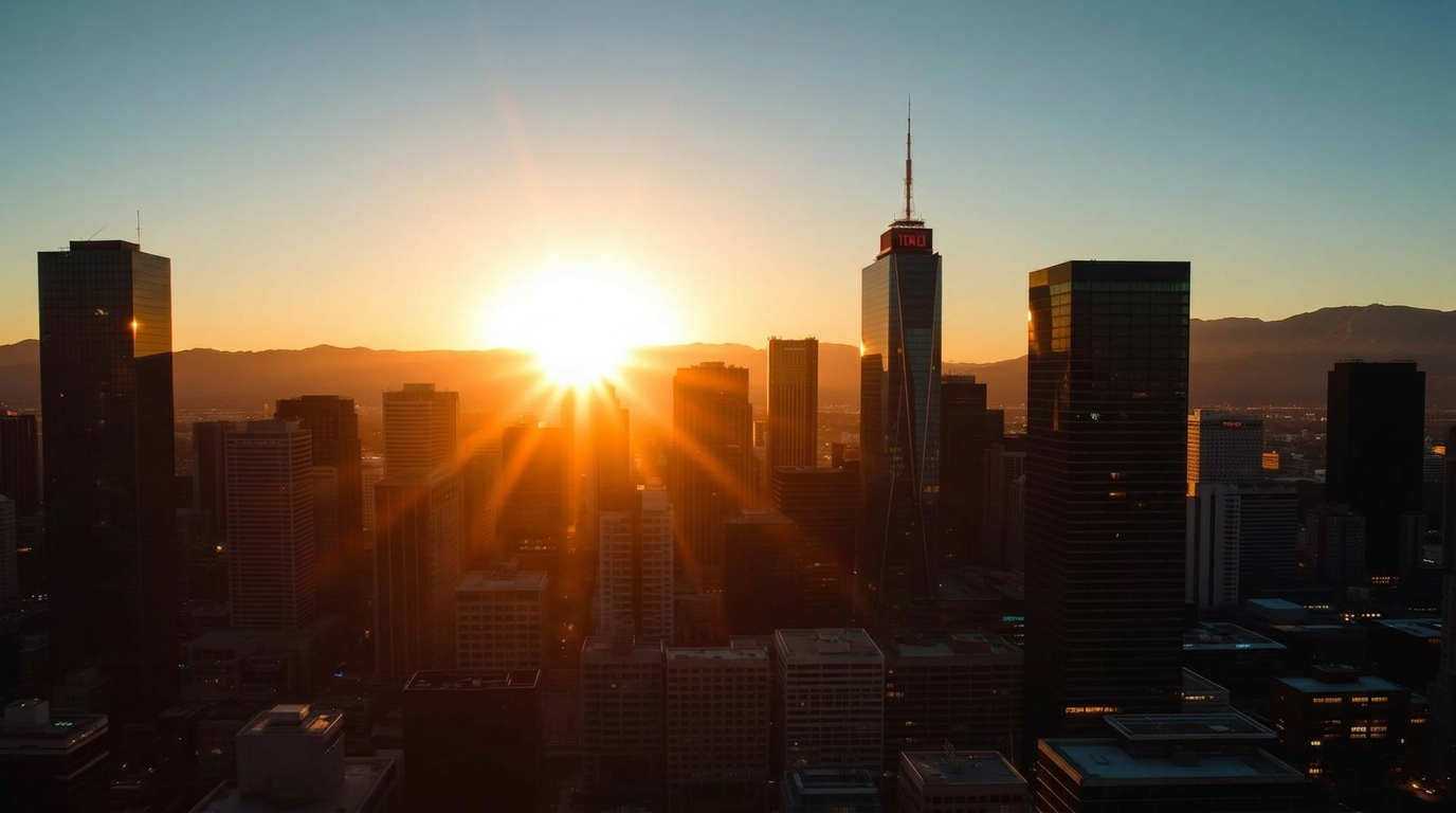 Downtown Los Angeles skyline at sunset